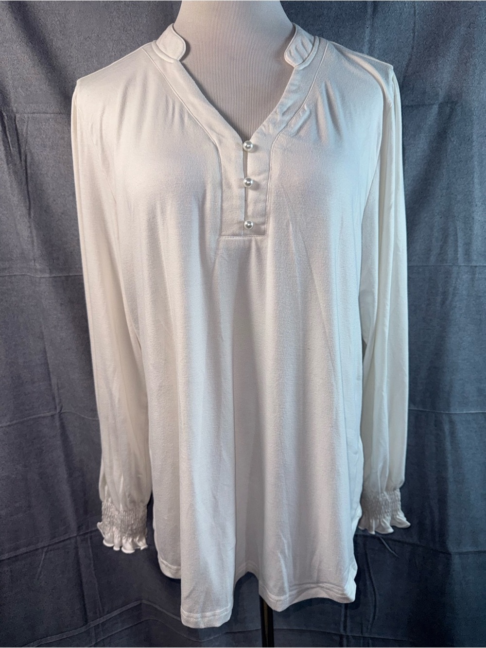 1245-Rapbin Long Sleeve Pearl-Button Tunic Top - White